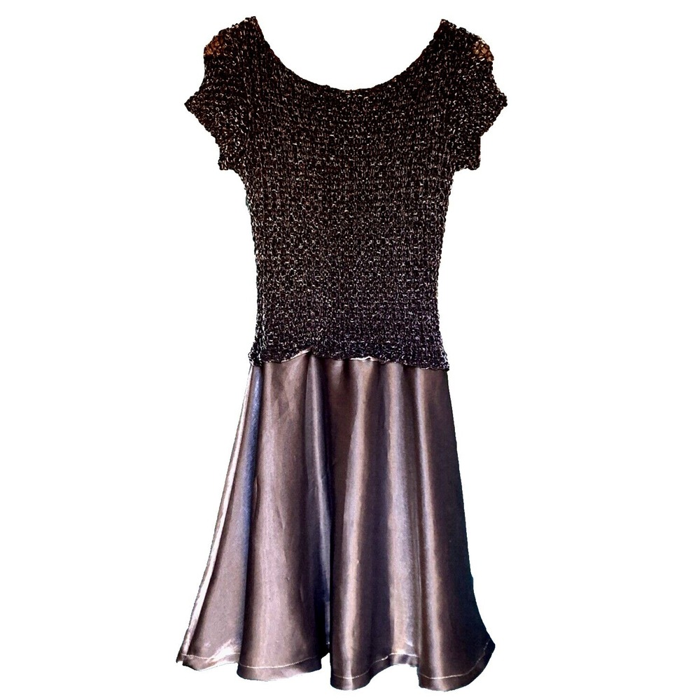 Vtg JS Collections Metallic Low Back Formal Party Dress 14 L Black Gunmetal Y2k